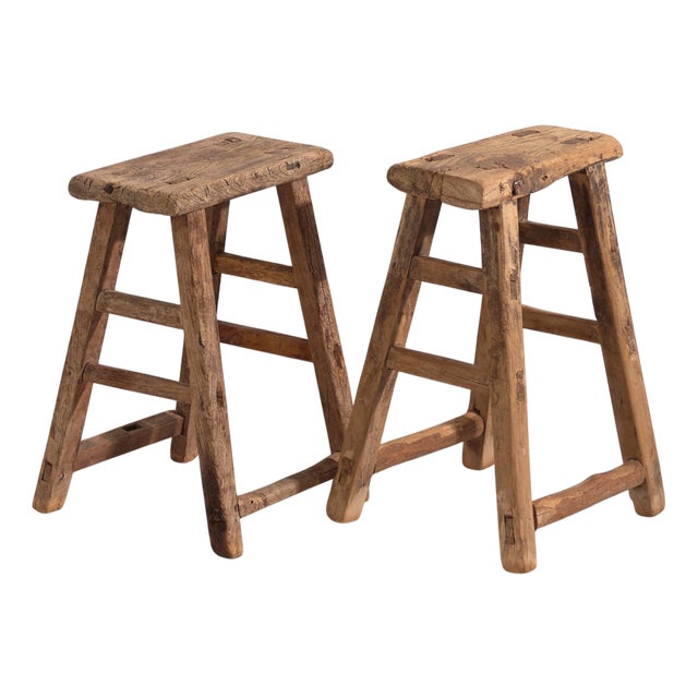 Antique Asian Stools in Elm, 1900s, Set of 2 For Sale