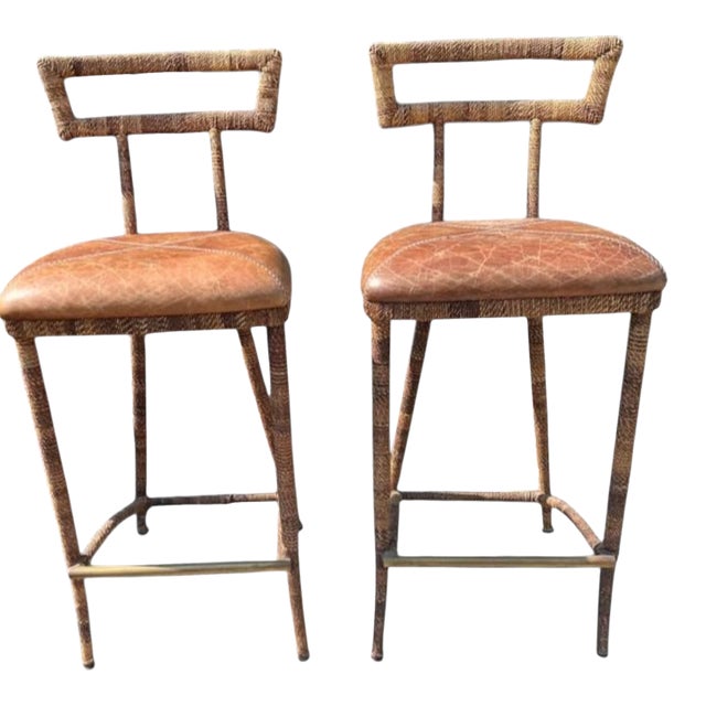 Elevate Your Home Bar or Kitchen Island With This Stunning Pair of Maitland-Smith Campaign-Style Bar Stools. For Sale