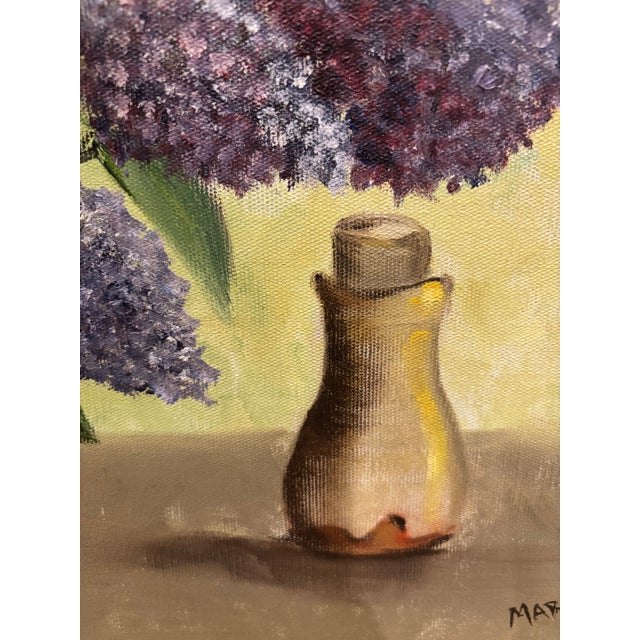 Transitional Vintage Mid-Century Signed and Framed Still Life Original Oil on Canvas Painting of Lilacs in a Jug, 1950s–1960s For Sale - Image 3 of 12
