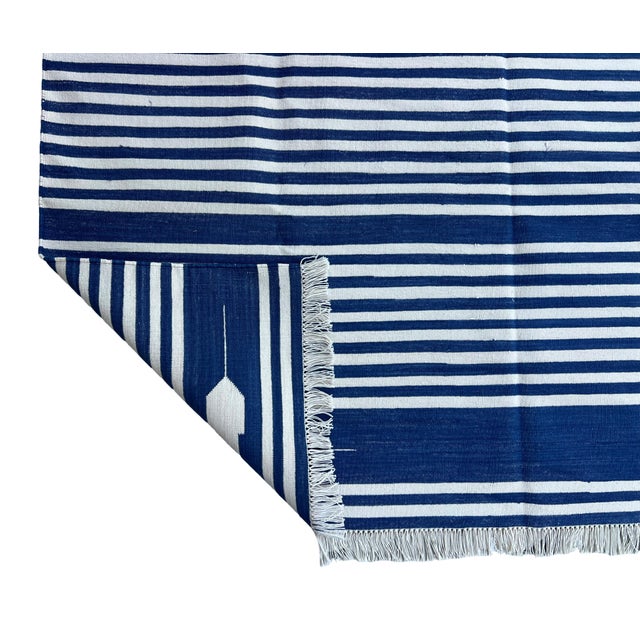 Handmade Denim Blue and White Cotton Vegetable Dyed Striped Rug - 9'x12' For Sale - Image 10 of 11