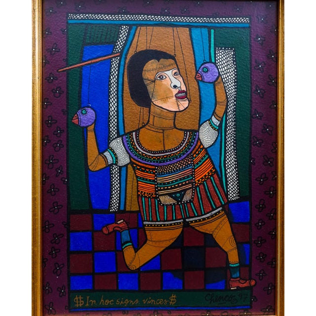 Contemporary Chenco Columbian Artist "In Hoc Signo Vinces" Acrylic on Paper Painting 1997, Framed For Sale - Image 3 of 6