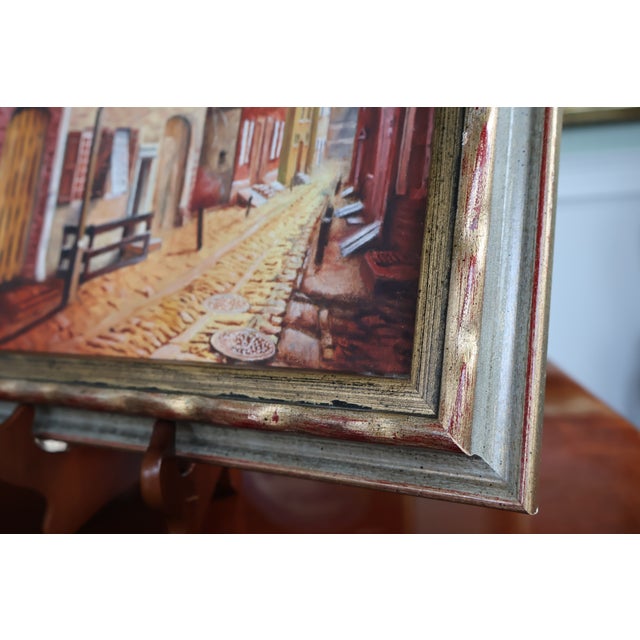 Late 20th Century Vintage Roger Merkel Signed Cobblestone Street Oil Painting—Gilt Framed For Sale - Image 5 of 15