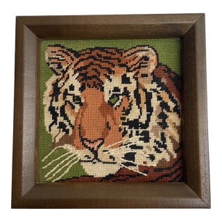 Vintage Petite Framed Tiger Needlepoint For Sale