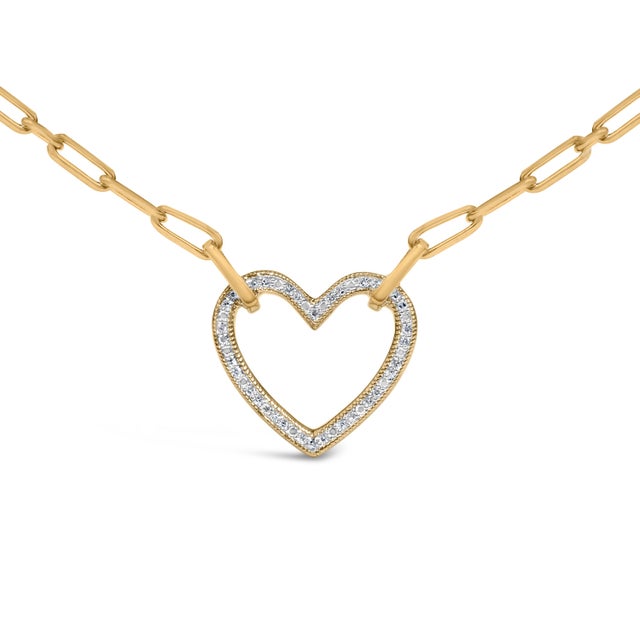 Contemporary Gold Vermeil 1/10 Cttw Diamond Paperclip Chain Heart Pendant Necklace For Sale - Image 3 of 4