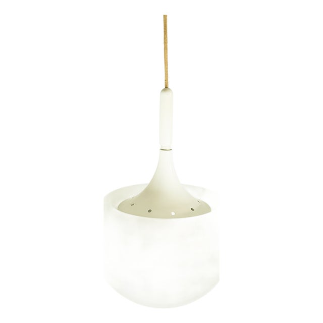 White Metal and Sandblasted Glass Mushroom-Shaped Pendant Lamp attributed to Martinelli Luce, 1960s For Sale