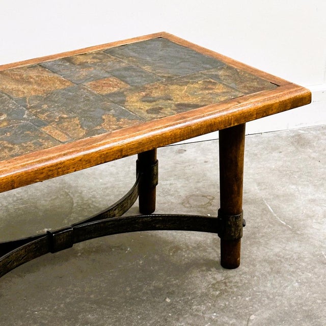 French Slate and Oak Coffee Table with Sculptural Iron Base, 1960s For Sale - Image 6 of 15