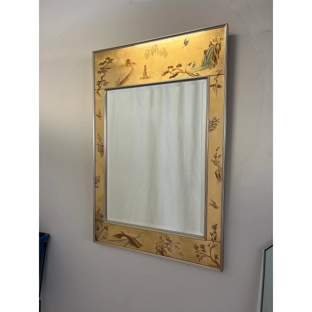 LaBarge hand painted mirror frame depicts Asian landscape flora and fauna. Channeled anodized aluminum gallery surround....