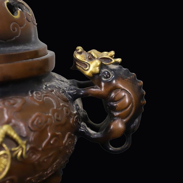 Asian Large Vintage Gilt Bronze Tripod Censer With Dragon and Beast Motifs For Sale - Image 3 of 10