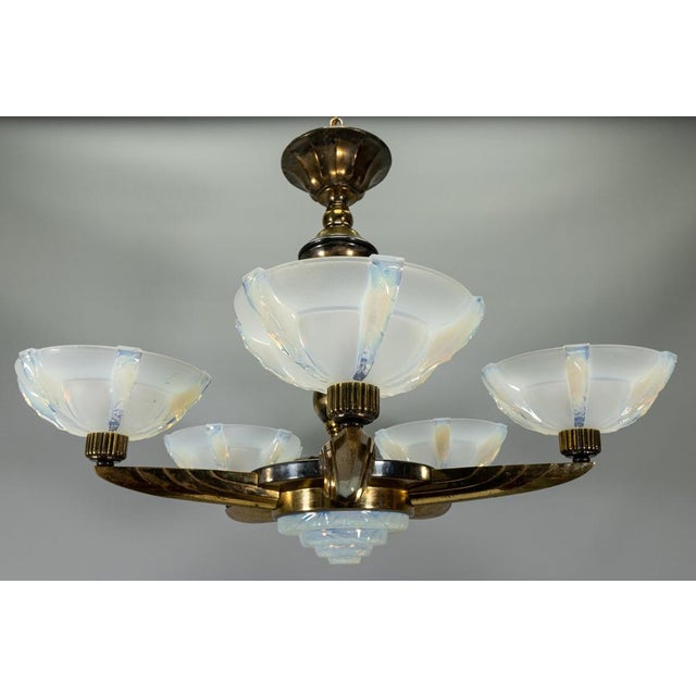 Art Deco Bronze and Opalescent Glass Six-Light Chandelier attributed to Ezan, France For Sale - Image 10 of 18