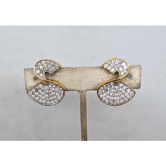Gold Vintage 1980s Signed Givenchy Pavé Clear Rhinestone S Clip Earrings-2 Pieces For Sale - Image 8 of 10