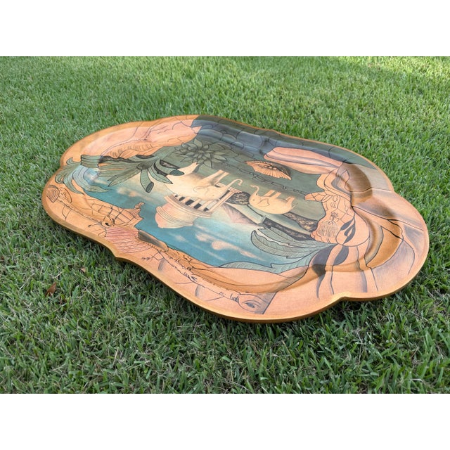 Vintage Hand-Painted Elephant & Indian Landscape Decorative Serving Tray For Sale - Image 11 of 12