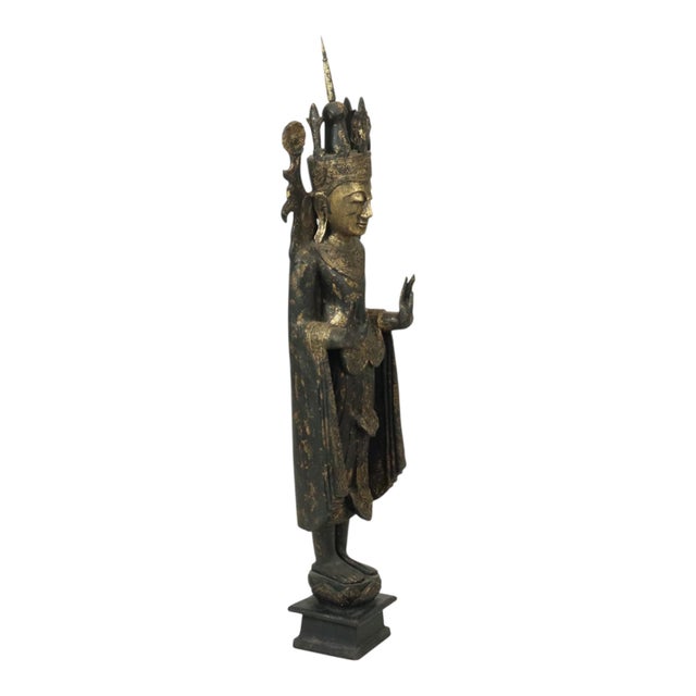 Very Large Weathered Gilded Wood Statue of Buddha, Burma For Sale - Image 3 of 18