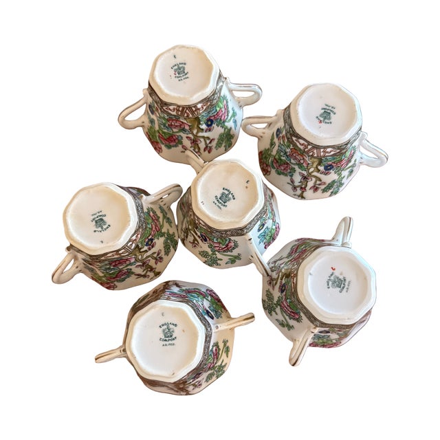 Ceramic Set of Six Antique English Coalport Indian Tree Scalloped Flat Bouillon Cups & Saucers, Circa 1891–1919 For Sale - Image 7 of 8