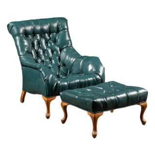 Vintage Tufted Armchair and Ottoman Set in Teal For Sale