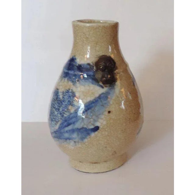 Beige 19th Century Chinese Blue & White Crackle Glaze Porcelain Landscape Decoration & Foo Dog Handle Vase For Sale - Image 8 of 11