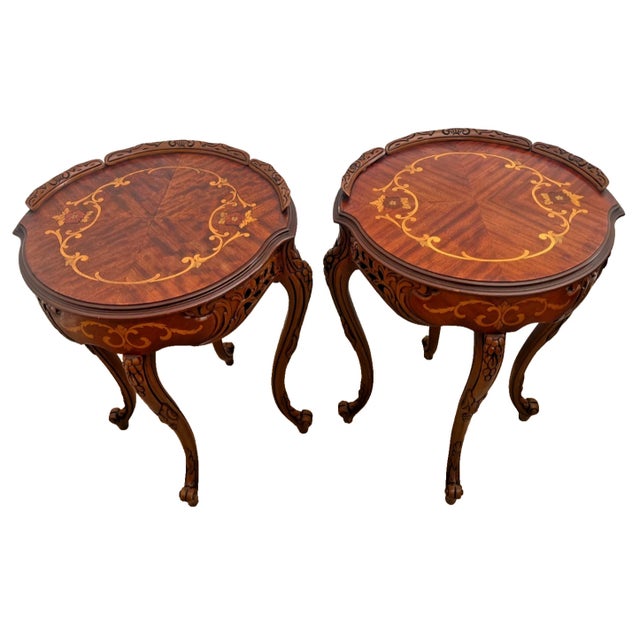 French 1930s Two French Side Tables, Display, Nightstands, Round Top Floral Marquetry For Sale - Image 3 of 13