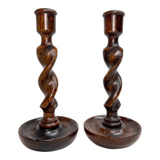 Pair Antique 19th Century Barley Twist English Wood Candlesticks Candle Holders For Sale