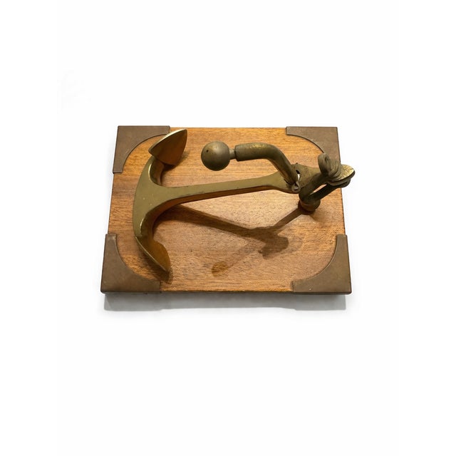 Vintage Mid-Century Brass Anchor Sculpture on Campaign Wooden Base, 1960s For Sale - Image 3 of 8
