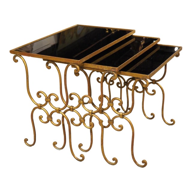 Set of 3 Italian Mid Century Black Mirrored Glass and Brass Nesting Tables For Sale