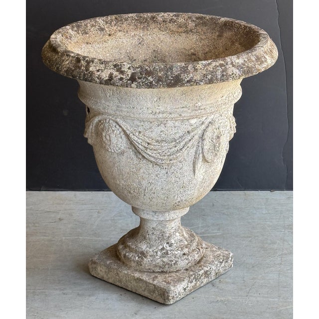 Light Gray English Garden Stone Urn or Planter Pot With Garland Motif For Sale - Image 8 of 13