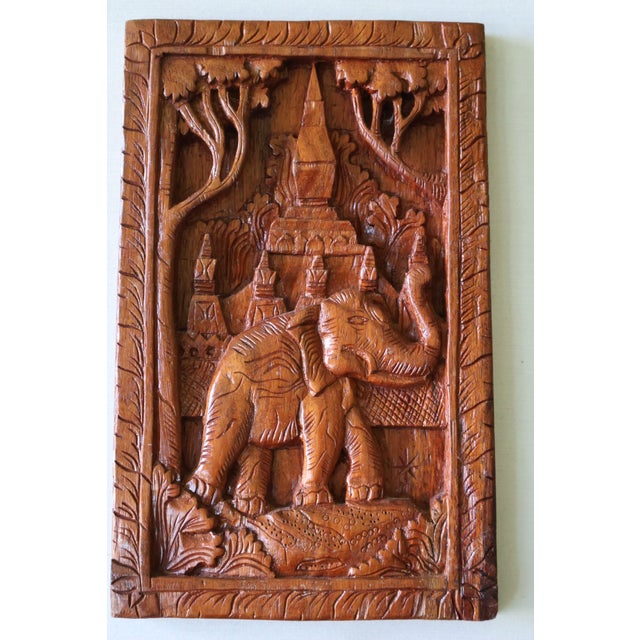 Vintage Southeast Asian Carved Teak Elephant & Temple Relief on Silk For Sale In Washington DC - Image 6 of 16
