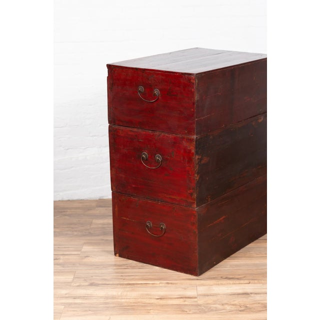 Antique Chinese Red and Black Lacquered Three-Section Chest with Carved Figures For Sale - Image 11 of 13