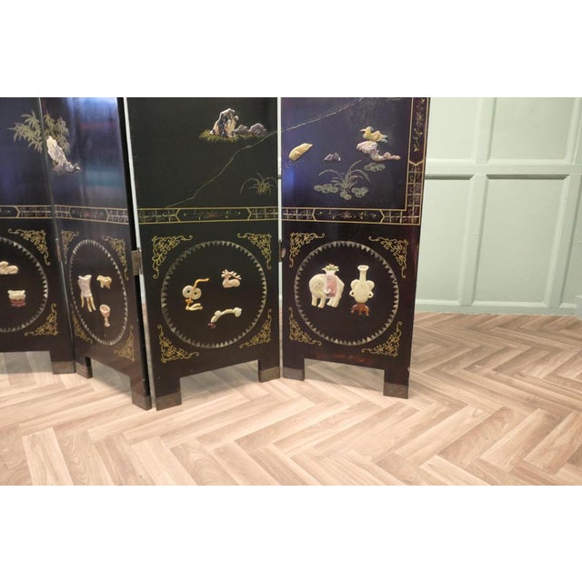 Japanese Lacquered and Painted Folding Screen, 1930s For Sale - Image 10 of 12