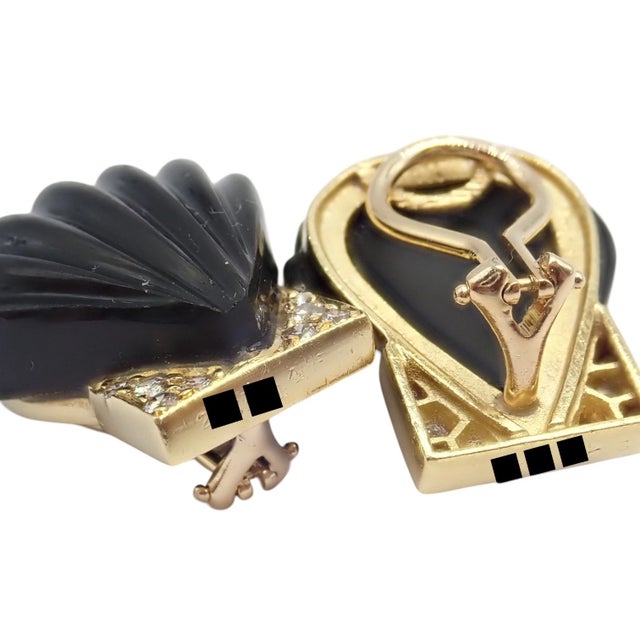 Contemporary Vintage Estate Cartier Yellow Gold Diamond Onyx Shell Earrings, Pair For Sale - Image 3 of 11
