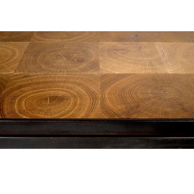 Wood End Cut Oak Coffee Table With Steel Banding on Minimalistic Steel Base For Sale - Image 7 of 8