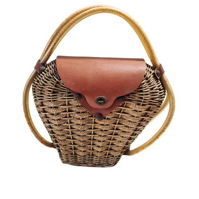 Ooak Mid-Century 1960s Woven Wicker Creel Basket With Leather Flap Tubular Handles For Sale - Image 16 of 17