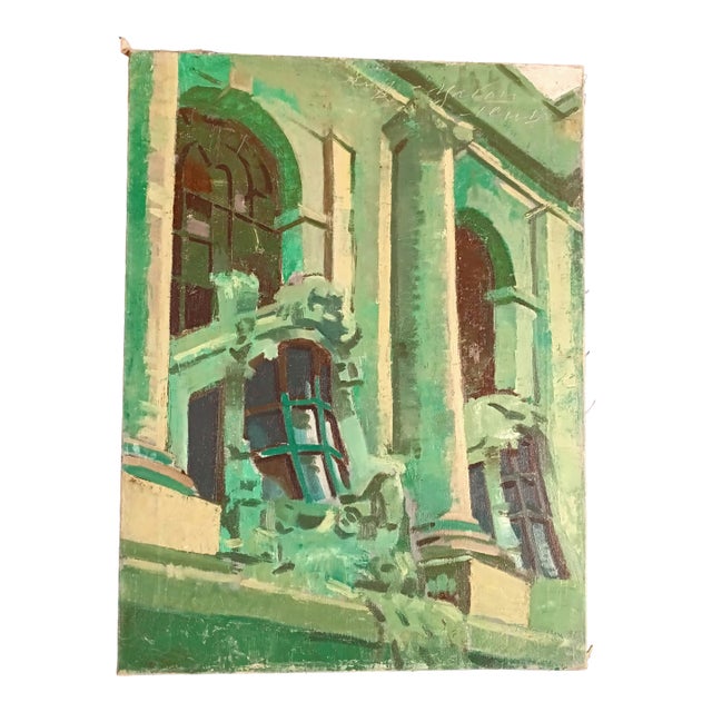 “Nocturne of the New York Yacht Club” Vintage Architectural Cityscape Original Oil Painting by David Beynon Pena For Sale