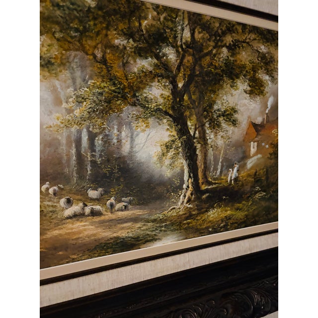 Warren Clarke Original 1989 Oil Painting Woodland Sheep Landscape in Ornate Frame For Sale - Image 12 of 14
