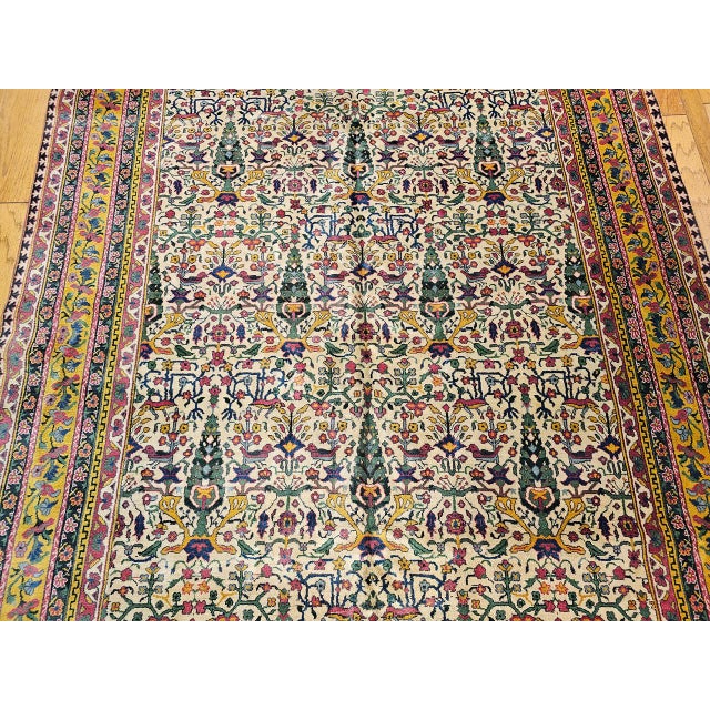 Antique Indian Agra Rug, Hand-Knotted Wool, Tree of Life Design, Ivory & Yellow, 8x15 For Sale - Image 9 of 15