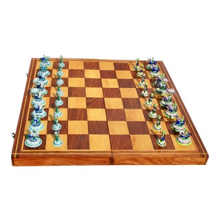 Indian Silver Enamel Mahogany Chess Set For Sale