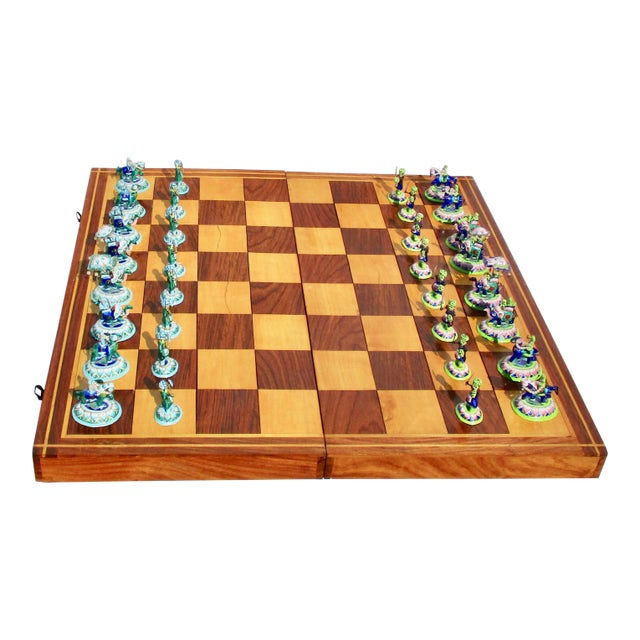 Indian Silver Enamel Mahogany Chess Set For Sale