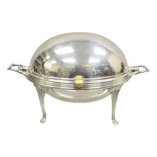 Antique Edwardian Silver Plated Revolving Dome Oval Chafing Dish Food Warmer For Sale