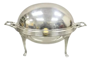 Antique Edwardian Silver Plated Revolving Dome Oval Chafing Dish Food Warmer