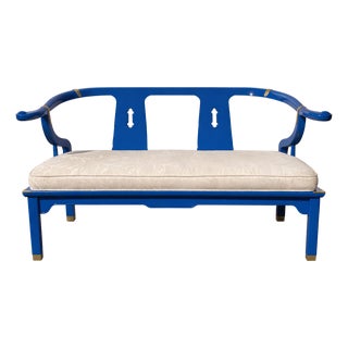 1970s High Gloss Patriot Blue Chinoiserie Settee – Newly Lacquered – 48” Wide For Sale