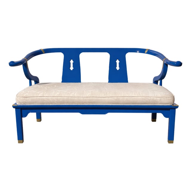1970s High Gloss Patriot Blue Chinoiserie Settee – Newly Lacquered – 48” Wide For Sale