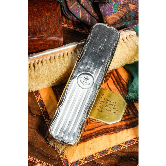 1900s Edwardian Armorial Coat of Arms Antique Sterling Silver Engine Turned Vanity Dressing Table Grooming Brushes Bottles Jars For Sale - Image 10 of 18