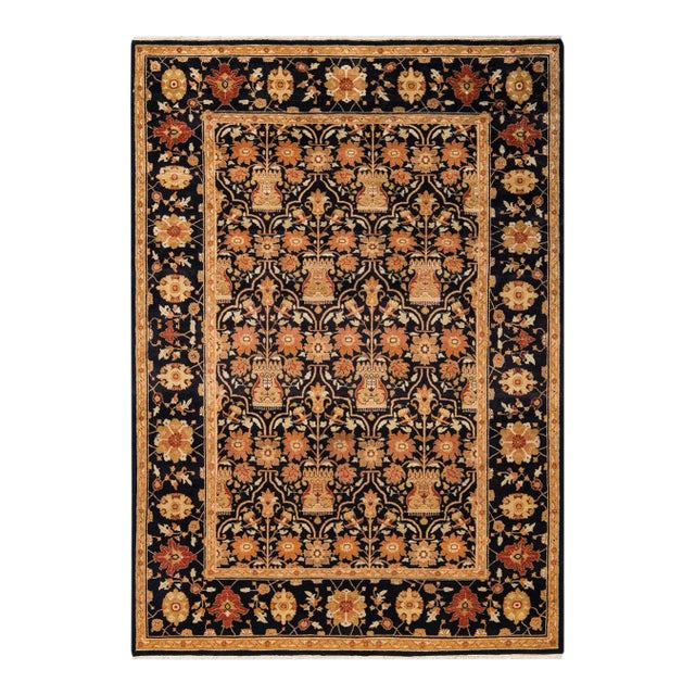 Vintage Traditional Hand Knotted Wool Area Rug, Black - 6'1" X 8'7" For Sale