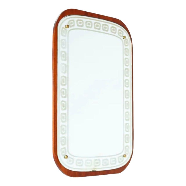 Swedish Modern Mirror with Etched Decor and Teak Wood Frame, 1940 For Sale