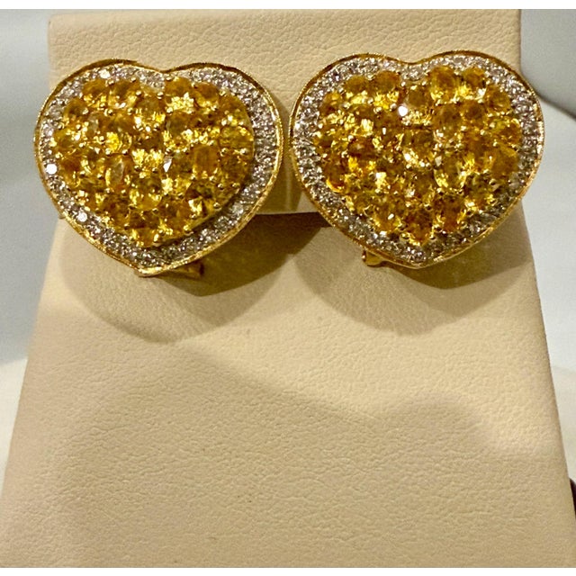 12 Ct Natural Ceylon Yellow Sapphire & 2 Ct Diamond Stud Heart Earrings 18 KYG For Sale - Image 13 of 18