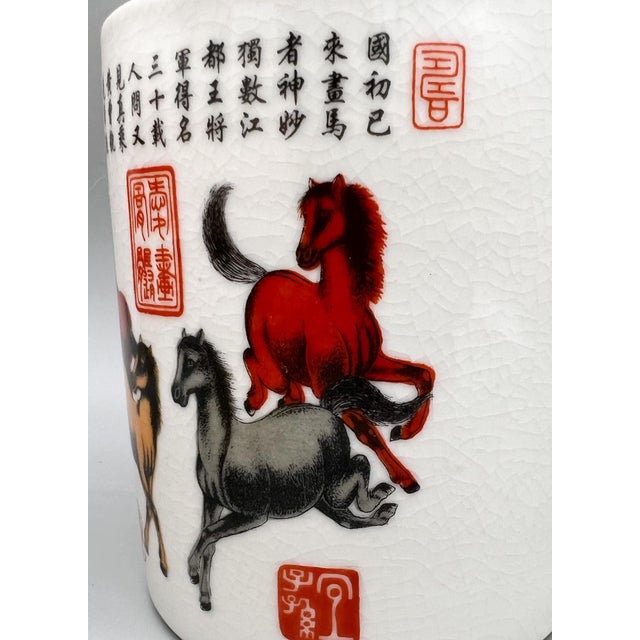 Vintage Chinese Porcelain Brush Pot With Eight Horses Motif & Calligraphy — Chinoiserie / Asian Traditional For Sale - Image 12 of 14