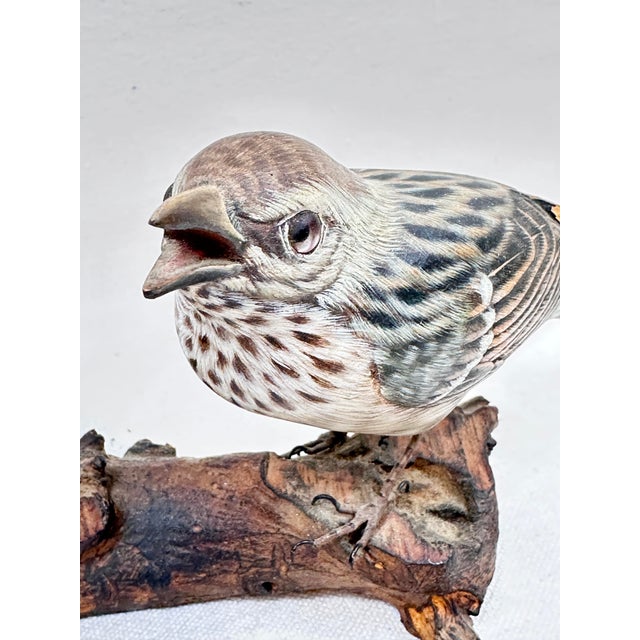 Vintage Hand-Carved & Painted Wooden House Sparrow Bird Sculpture on Driftwood Base For Sale In New Orleans - Image 6 of 12