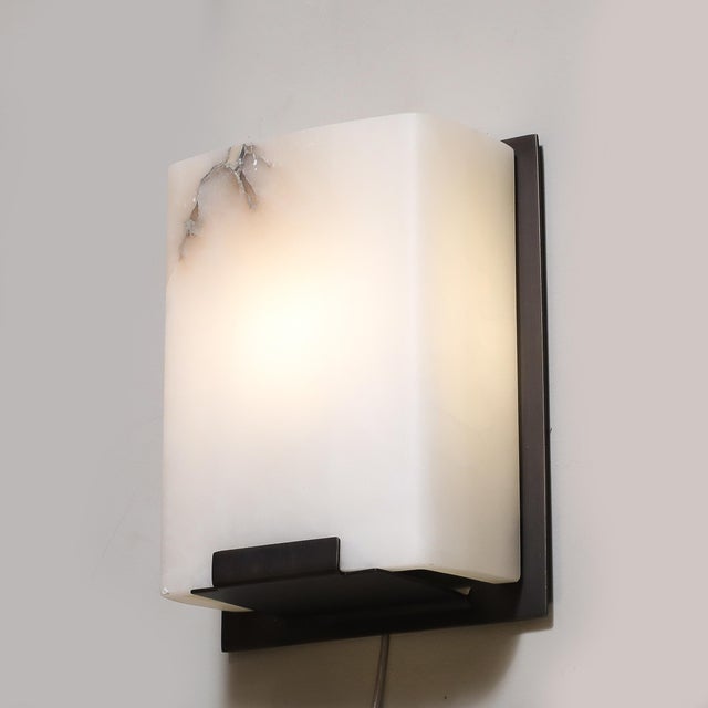 Pair of Modernist Alabaster & Oil-Rubbed Bronze Wall Sconces For Sale - Image 17 of 18