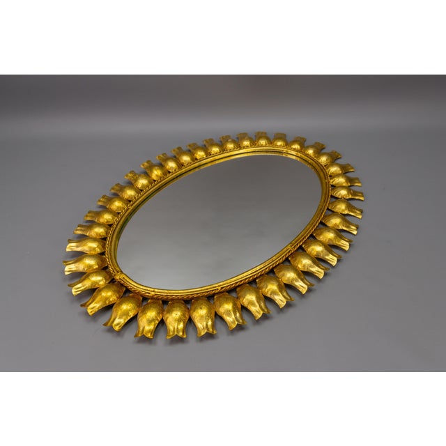 Mid-Century Gilt Metal Oval Sunburst Wall Mirror, 1950s For Sale - Image 10 of 18