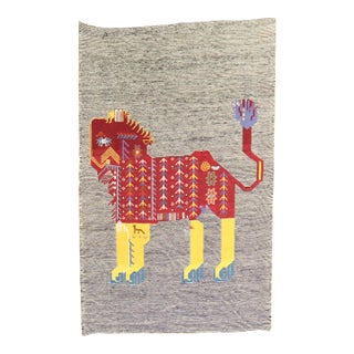 Late 20th Century Lion Pictorial Persian Kilim Wall Hanging - 3'2" x 4'3" For Sale
