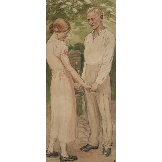 Heinrich Pforr, Heinrich & Erna Pforr Holding Hands in the Garden, Watercolor, in Very Good conditions. Designed 1890 to...