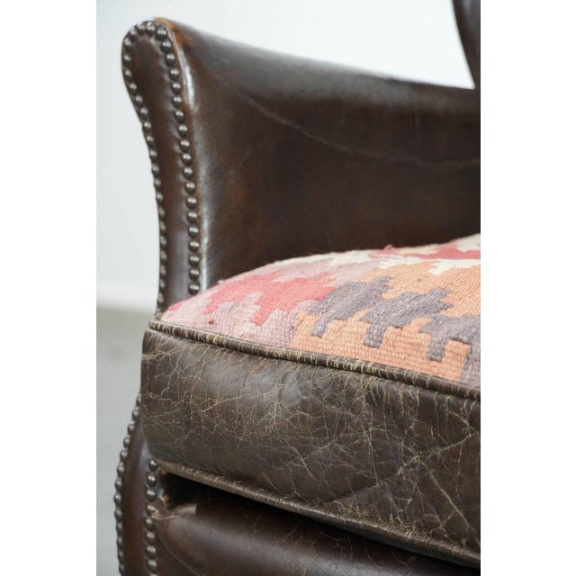 Dark Brown Armchair in Cowhide with a Reversible Kelim Seat Cushion For Sale - Image 13 of 17